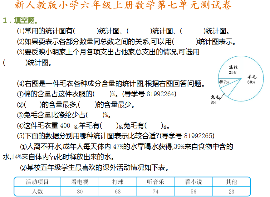 六年级上册数学第七单元扇形统计图考试卷（有答案）