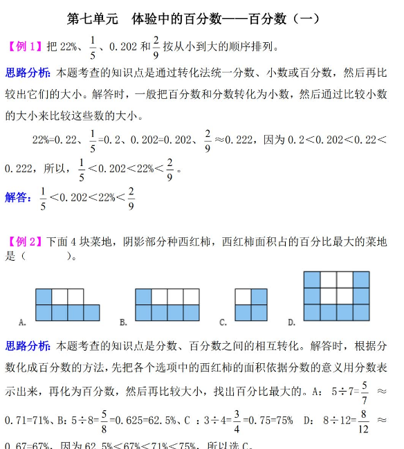 2021年六年级数学体验中的百分数:百分数（一）检测题解析