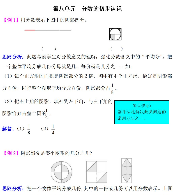 2021年西师大版三年级数学第八单元分数的初步认识试题解析