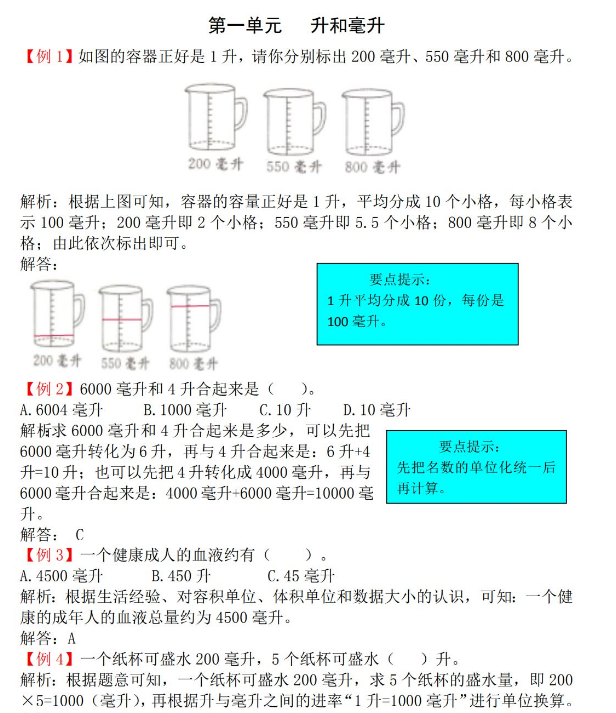 2021年苏教版四年级数学上册第一单元升和毫升试题解析