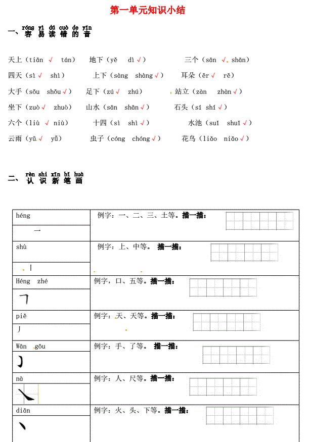 一年级语文上册第一单元知识小结免费下载