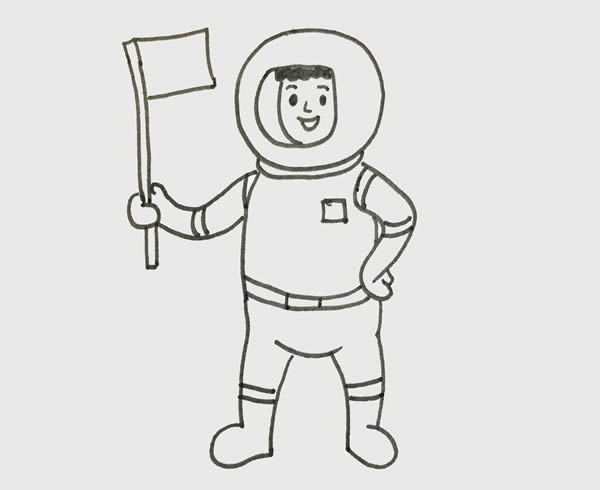 宇航员太空人简笔画手拿红旗