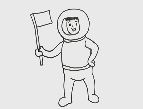 宇航员太空人简笔画手拿红旗