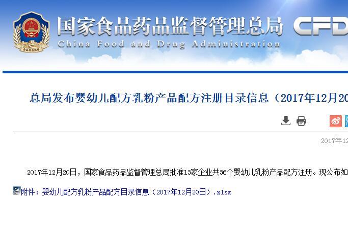 第30批奶粉名单公布 13家企业共36个婴幼儿乳粉产品获批