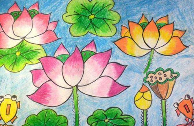 夏天美丽的荷花儿童画图片大全 夏天池塘荷花儿童画怎么画