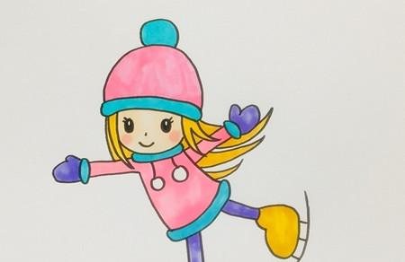 小女孩滑冰简笔画涂色