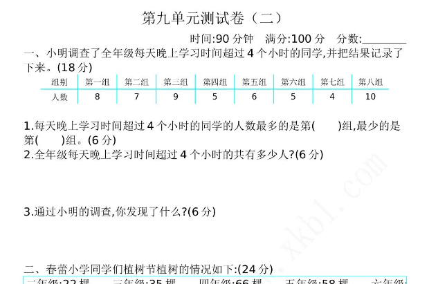 2021年苏教版三年级数学下册第九单元测试题及答案二电子版免费下载