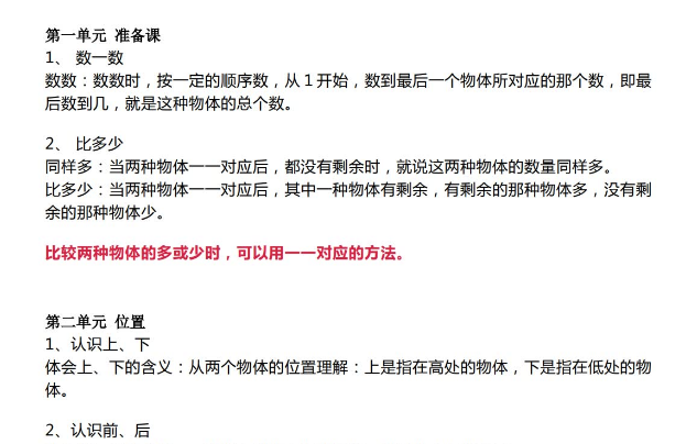 一年级数学上册知识梳理第1一8单元电子版下载
