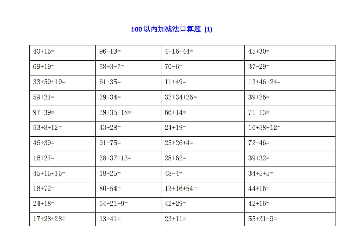 小学二年级数学上册100以内加减法口算题200道免费下载