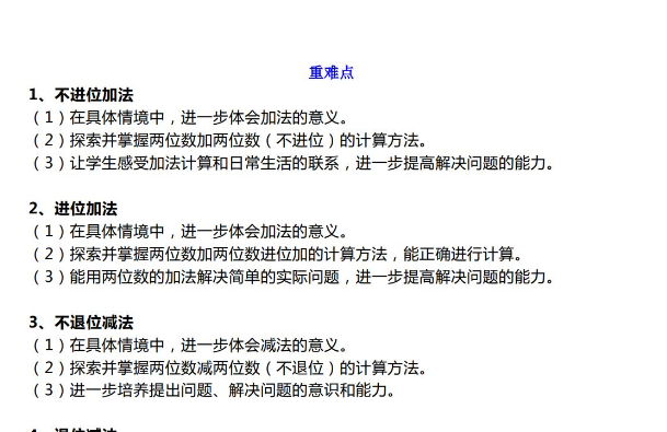 小学数学二年级100以内的笔算加减法重点及难点免费下载