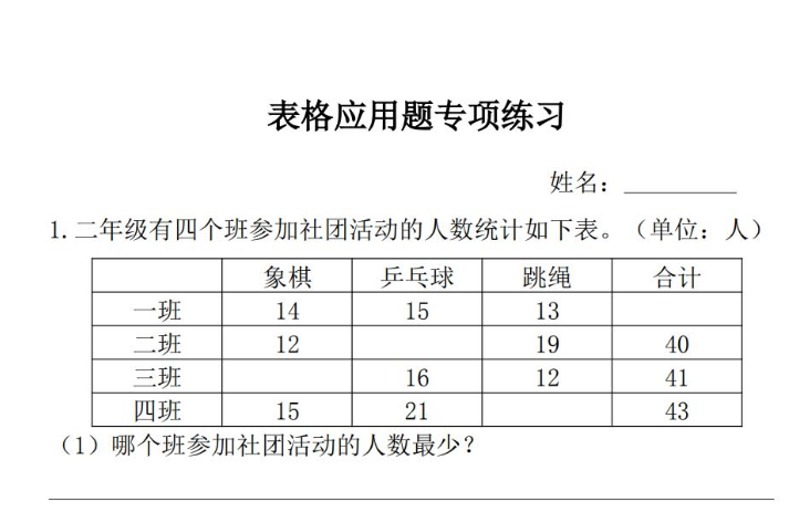 北师大版二年级上册数学表格应用题专项练习免费下载