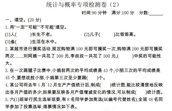 2021年青岛版六年级数学下册统计与概率期末专项测试题及答案二免费下载