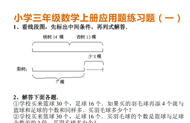 小学三年级数学上册应用题练习题及答案电子版免费下载