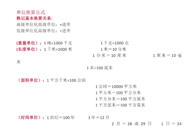 小学五年级上册单位换算公式及练习题电子版免费下载