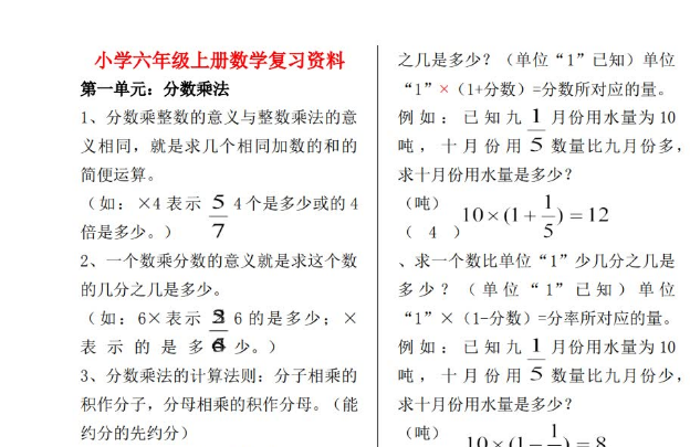 小学数学六年级上册复习资料电子版免费下载