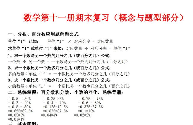 六年级数学上册期末分类复习题全套电子版免费下载